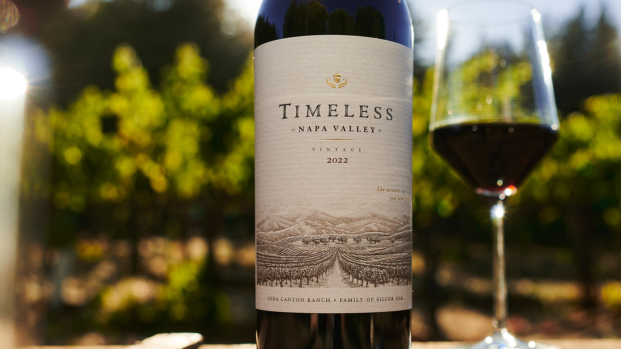 2022 Timeless Napa Valley Red Wine bottle on table with a wine glass and vineyard in the background